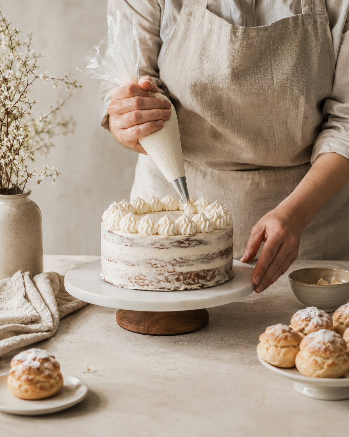 Decorator piping a naked layer cake at the bench